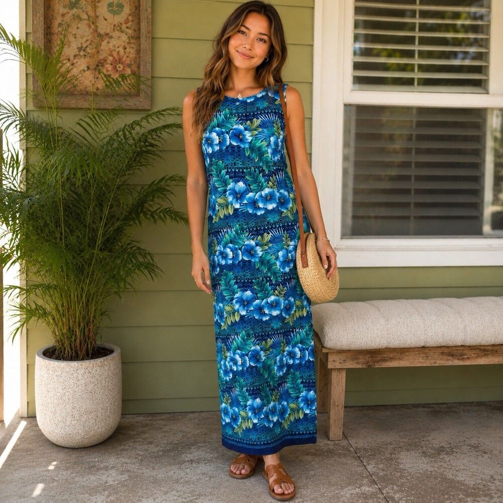 Vintage Hawaiian Aloha Maxi Dress Blue Hibiscus Tropical Floral Sheath Sleeveles